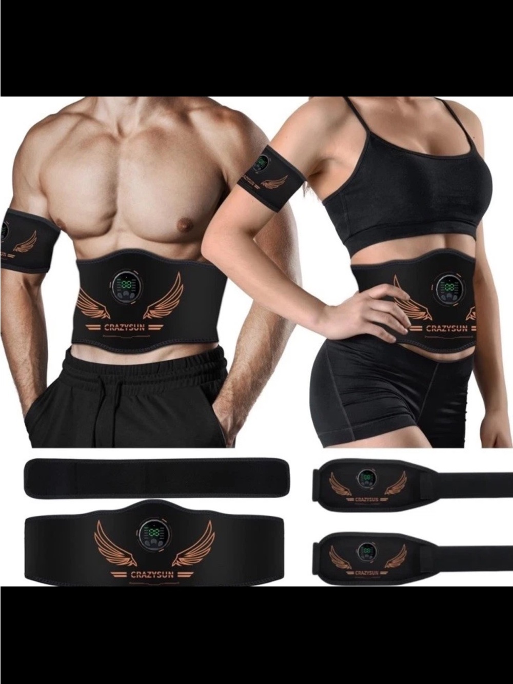 CRAZYSUN Wireless Ab Toner Belt & Armband Set - Black with Copper Logo
